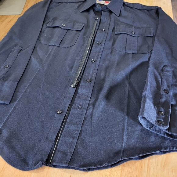 Vintage Flying Cross Dacron Rayon Blend Navy Blue Faux Button Zip 26" P2P - Picture 2 of 13